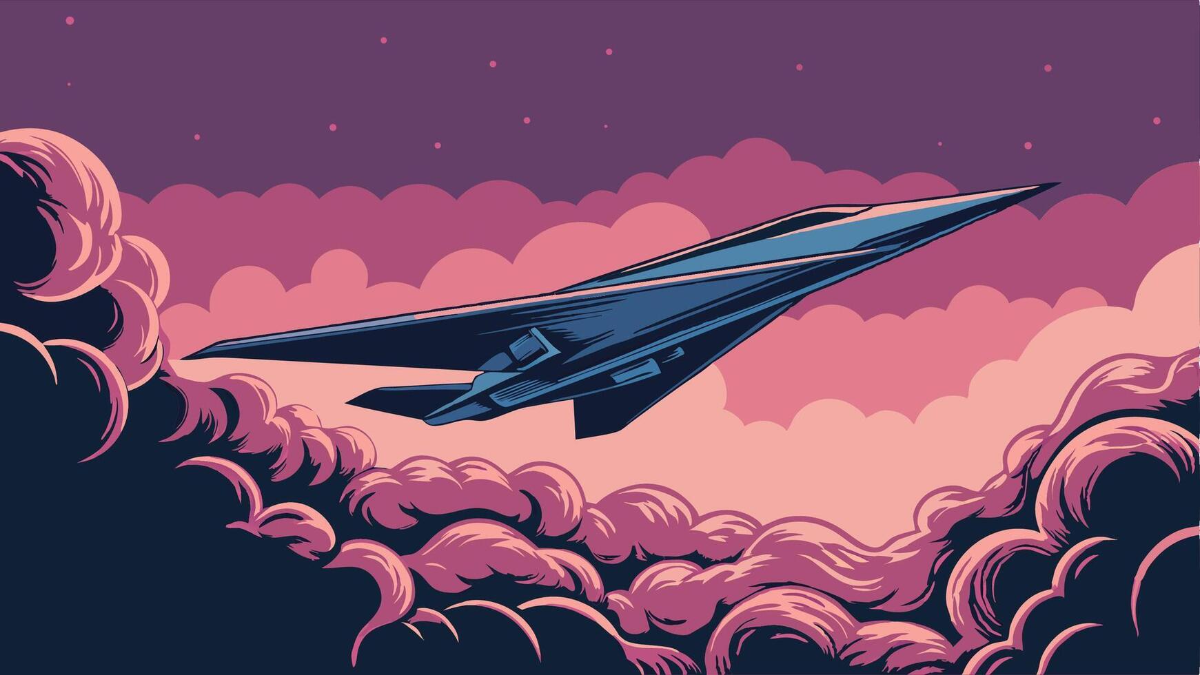 Stealth Bomber Jet Flying Above Pink Clouds at Night vector