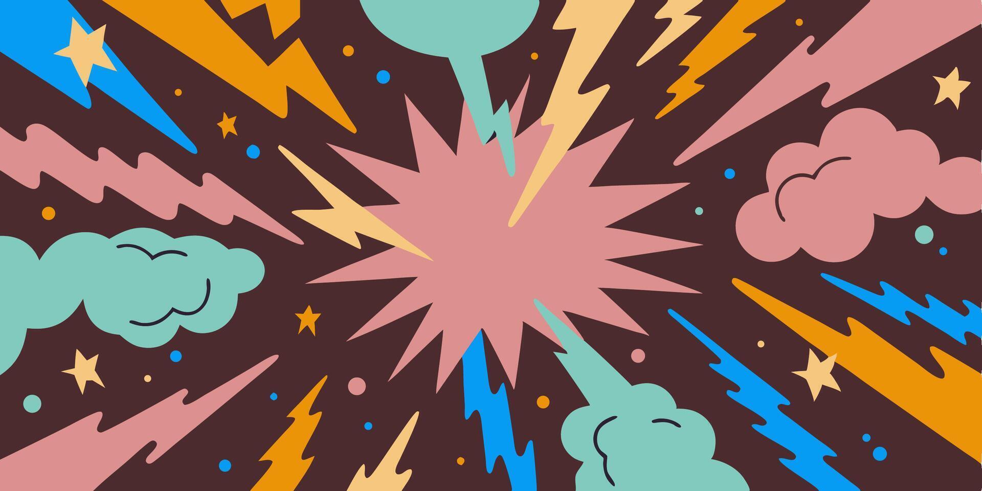 Abstract Retro Background Colorful Lightning Bolts, Stars, and Clouds vector
