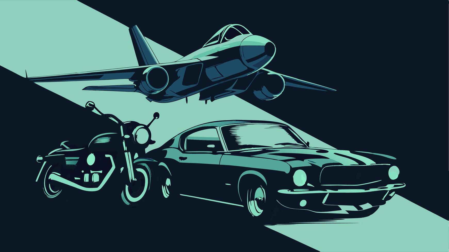 Classic Muscle Car, Motorcycle, and Jet Plane Illustration vector