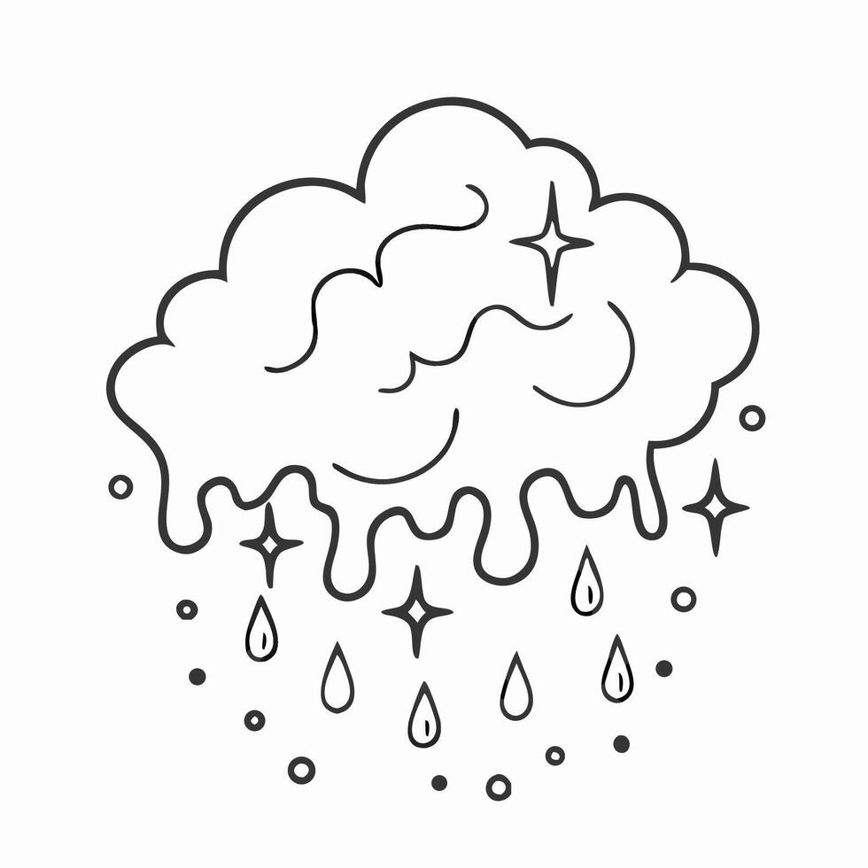 Melting Cloud with Stars and Rain Drops Line Art Design vector