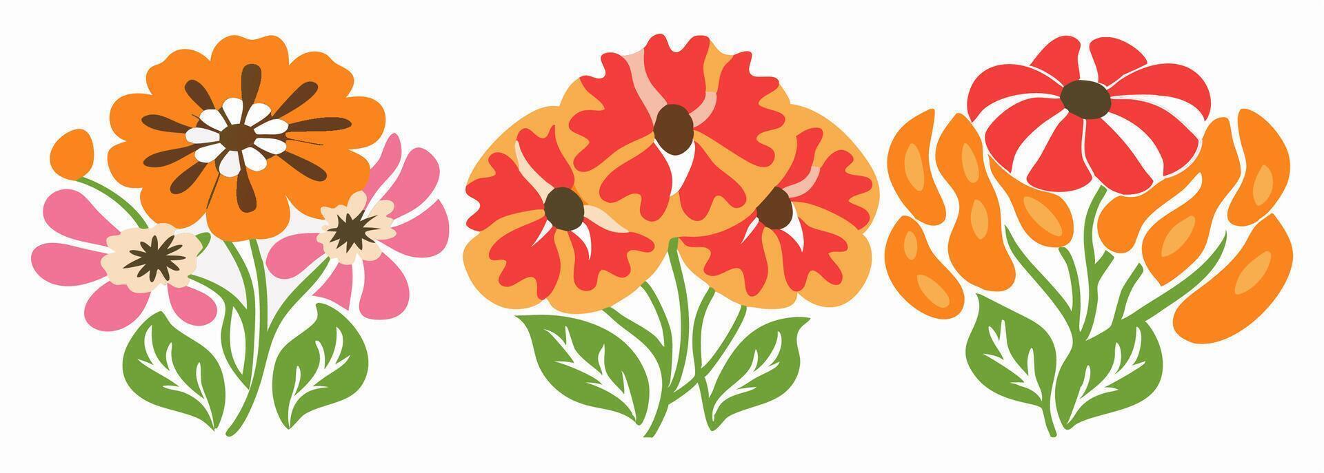 Three Retro Flower Bouquets Orange, Red, and Pink Floral Designs vector