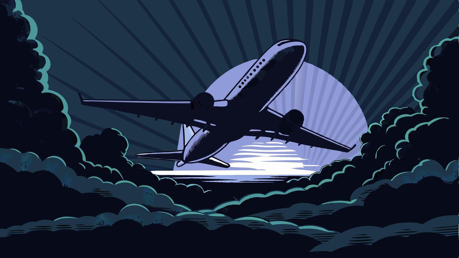 Airplane Taking Off at Sunset, Dramatic Cloudscape vector