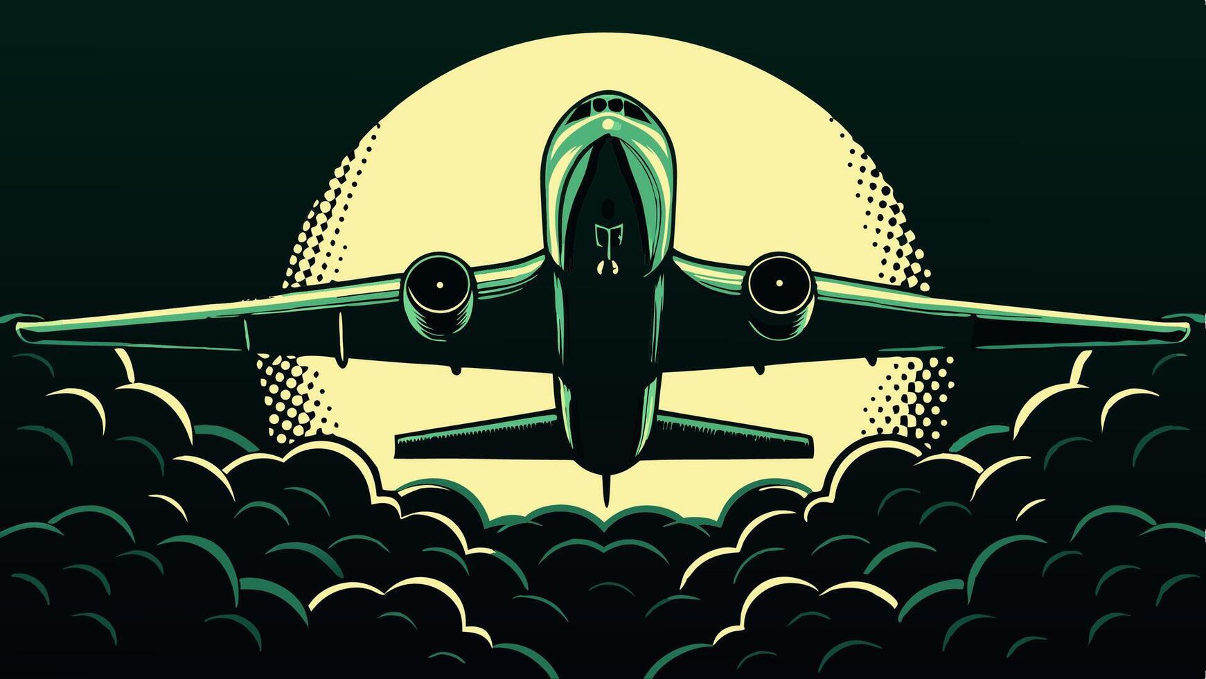 Airplane Landing at Night, Retro Design, Illustration vector