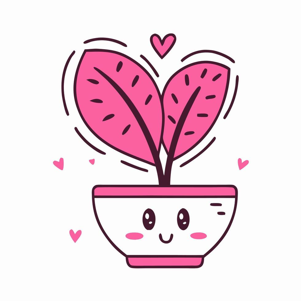 Cute Cartoon Plant in Pot with Hearts Kawaii Style vector