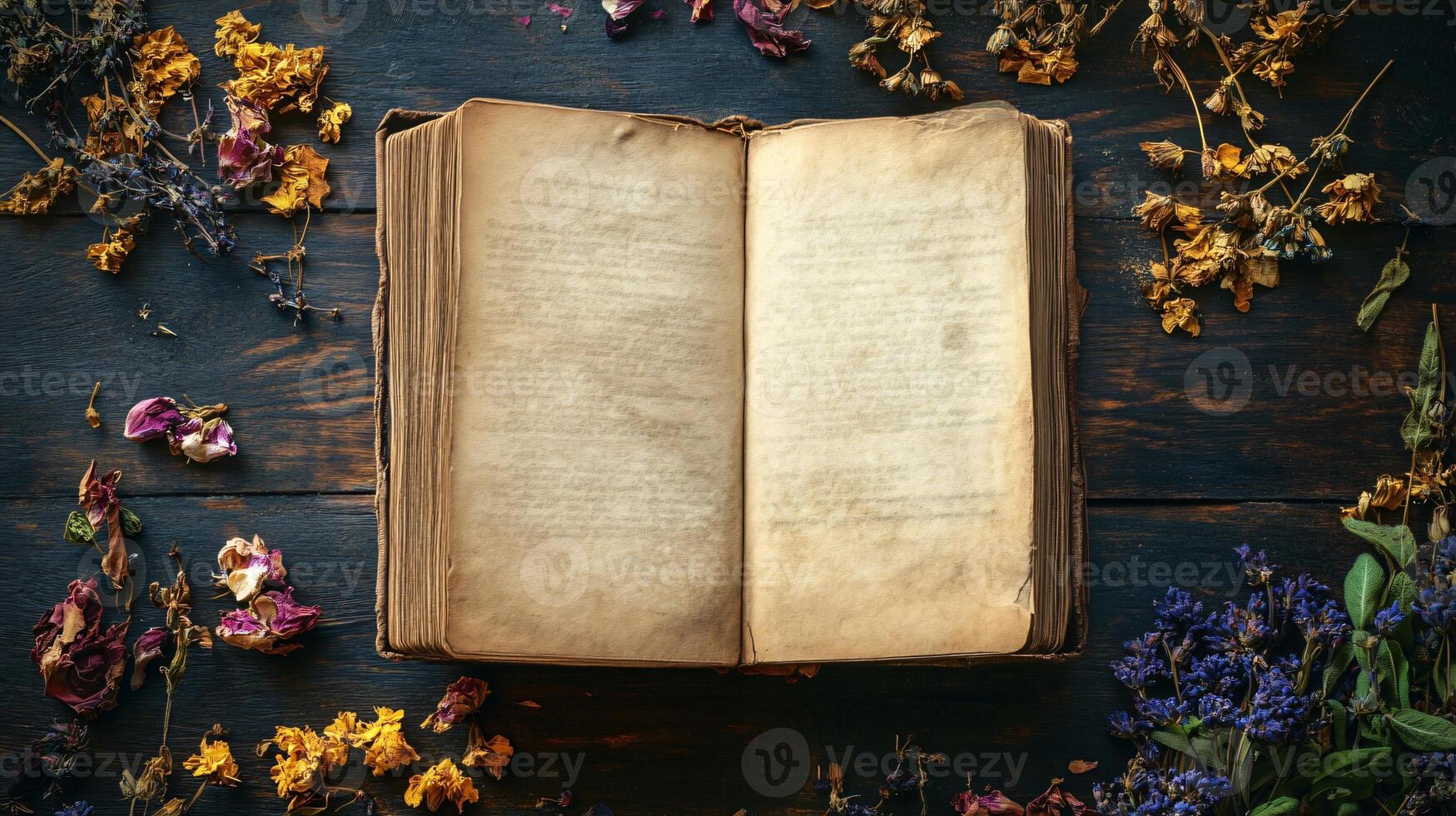 Open Ancient Book on Rustic Surface - Elegance in Literature and Wisdom Displayed photo