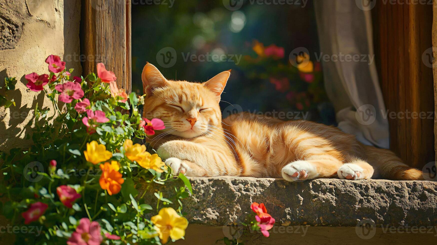 Serene Sleeping Orange Cat Rests on Stone Window Sill photo