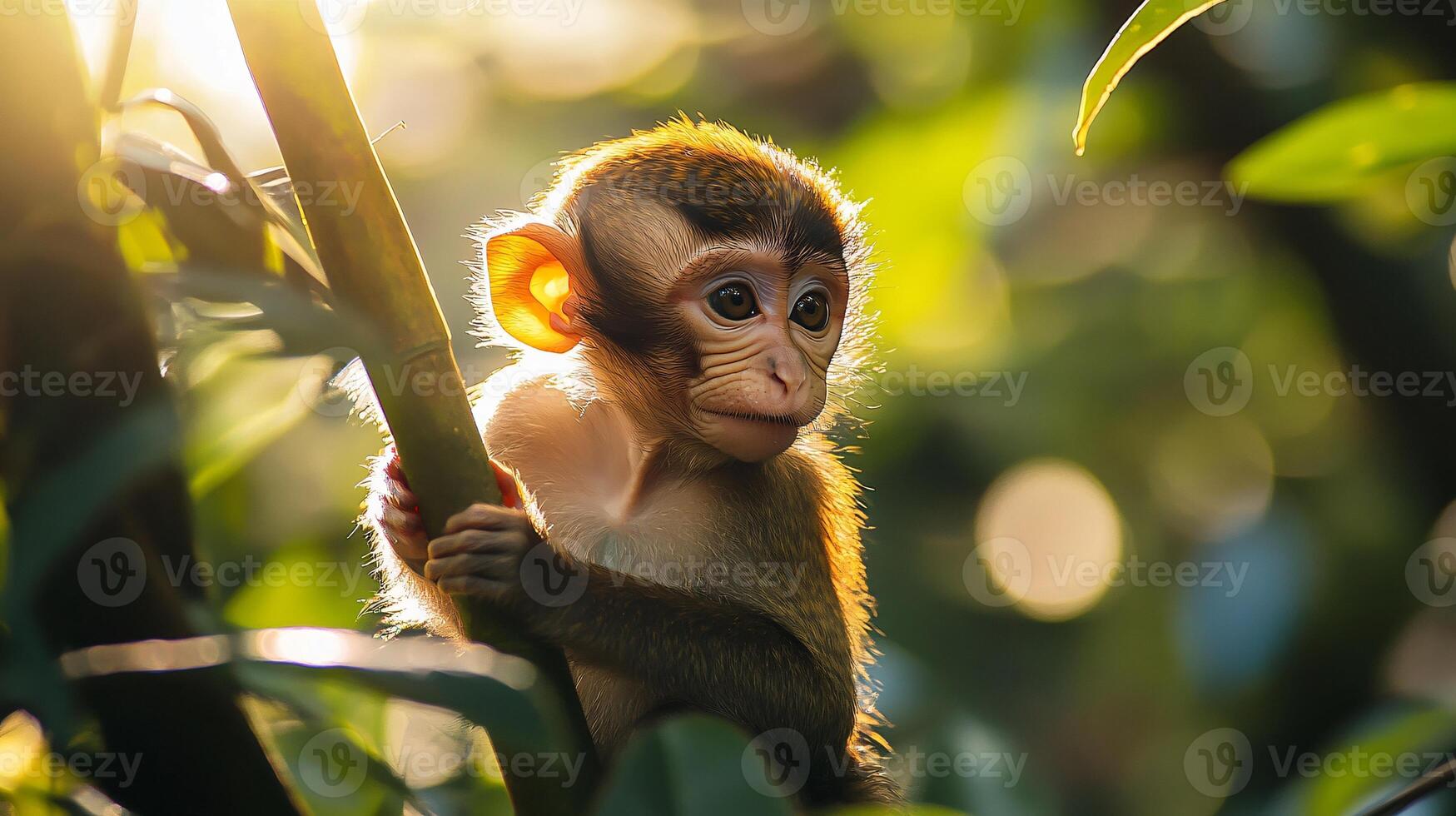 Young Monkey Playfully Exploring Lush Tropical Jungle photo