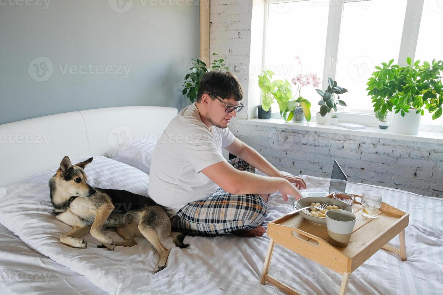 man waking up and having breakfast in bed with dog photo