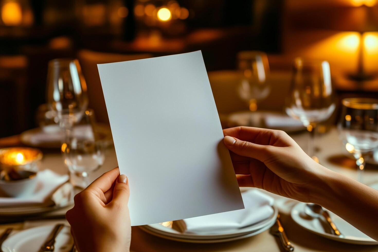 Hands holding a blank white menu card with an elegant dining table setup, glowing candlelight, and refined glassware in a cozy restaurant ambiance photo