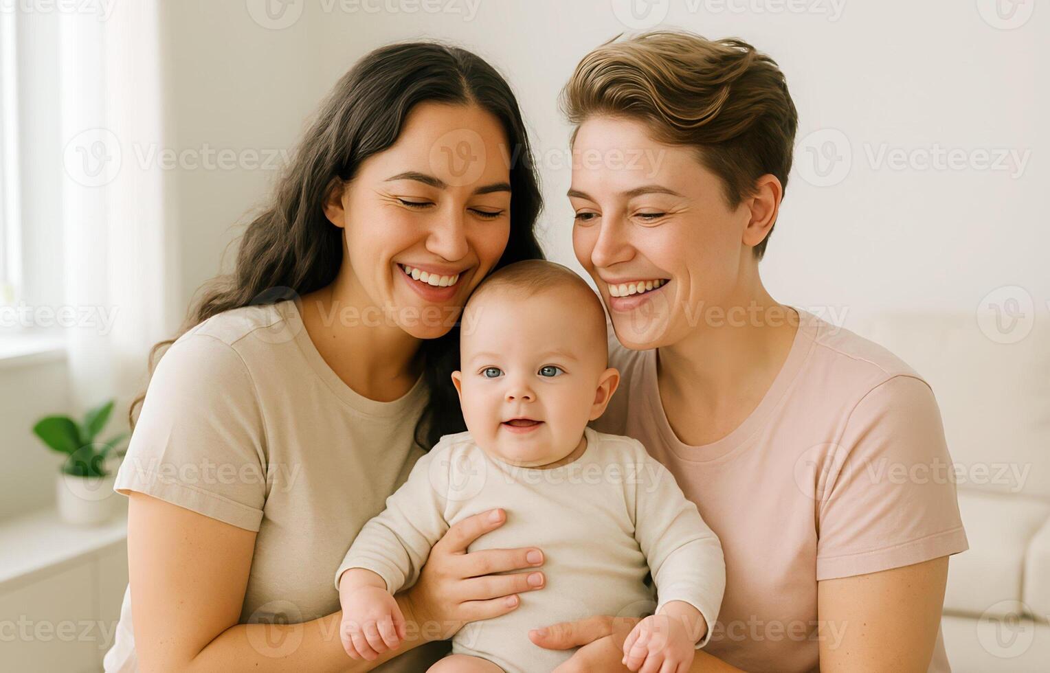 Happy family moment. two mothers and baby smiling together at home. photo