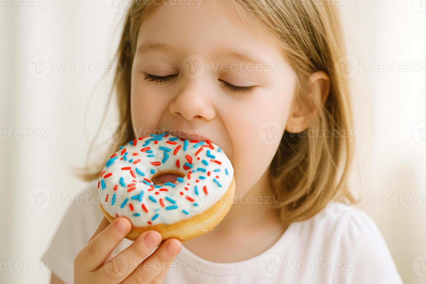 A little girl happily eats a donut with colorful sprinkles, USA Donut Day, Fat Thursday photo