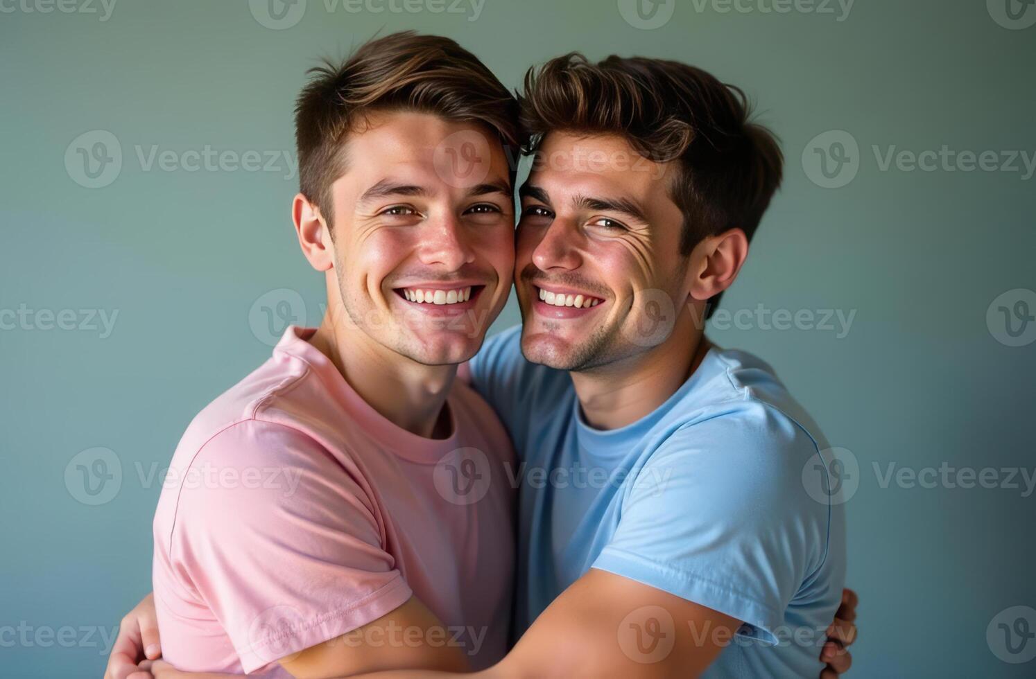 Joyful hugs of two men in bright casual clothes on a green background. a male couple in love. LGBT Pride month photo