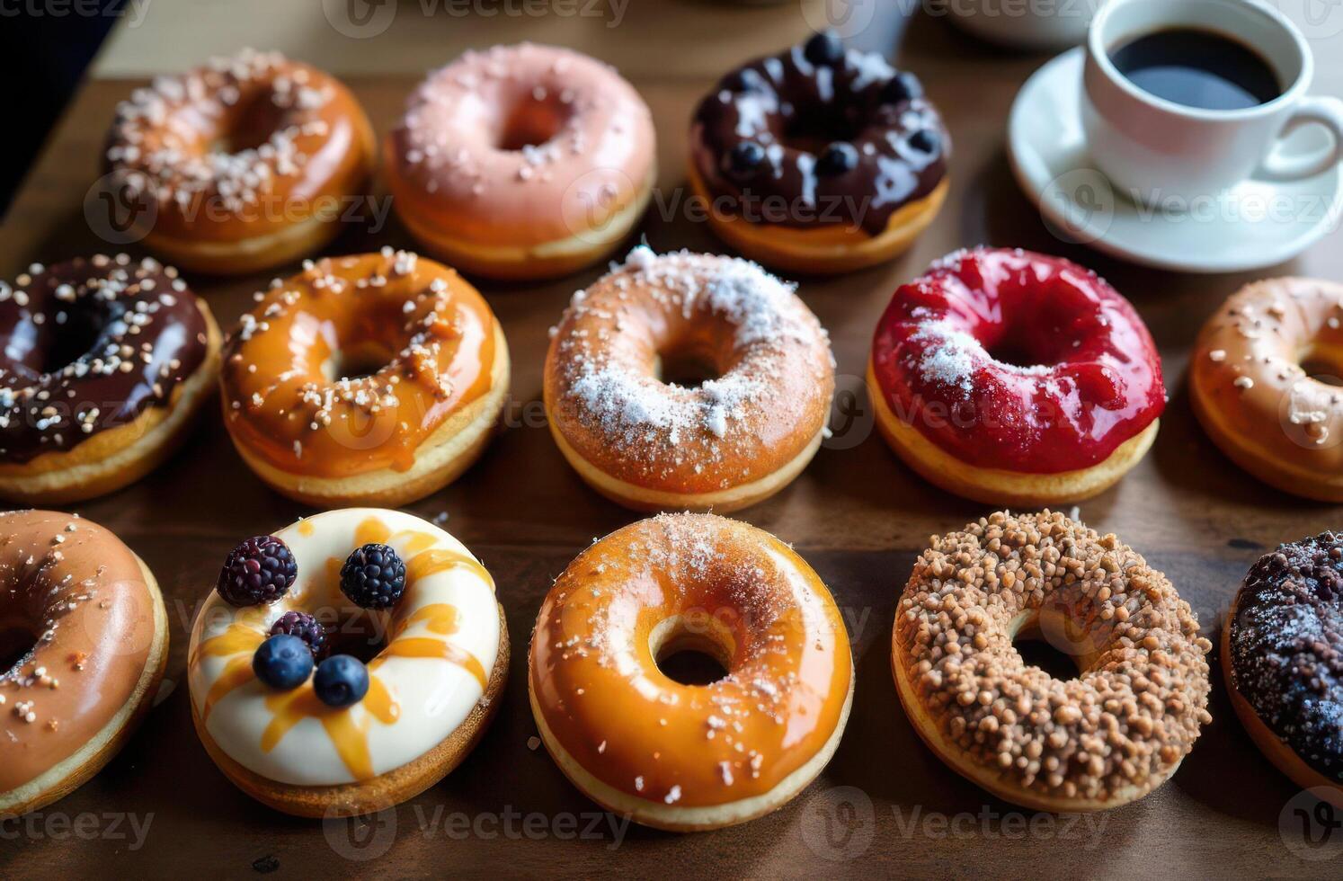 Assorted donuts and coffee on wooden table - colorful glazed treats with various toppings and flavors photo