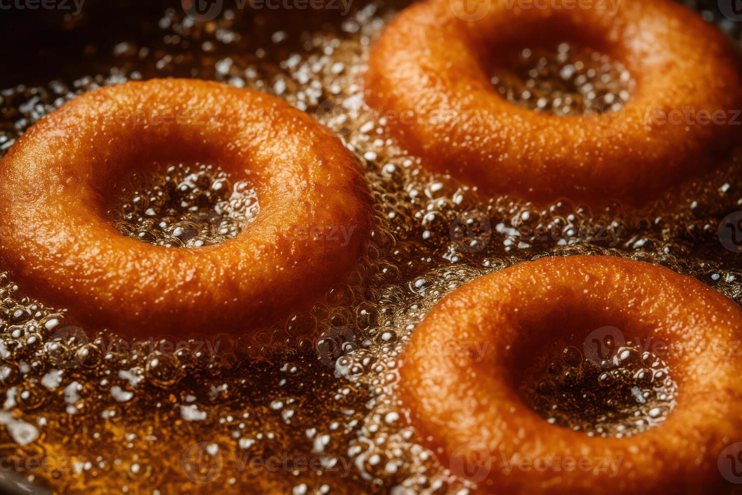 Close-up of golden brown donuts fried in heated oil with bubbles. the process of making donuts, Doughnut day. Fat Thursday photo