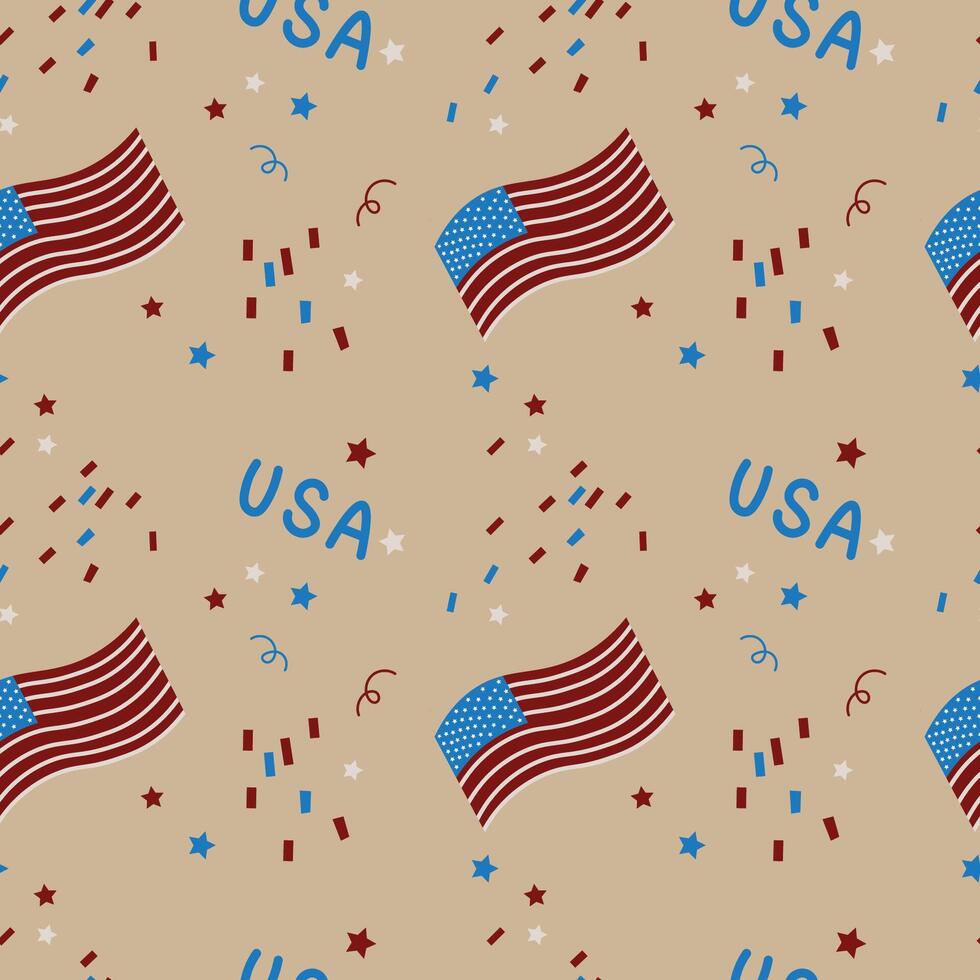 Happy 4th July America Independence Day seamless repeating pattern. Cartoon background with American flag, serpentine inscription USA. Design for holiday, greetings, banner. Flat illustration vector
