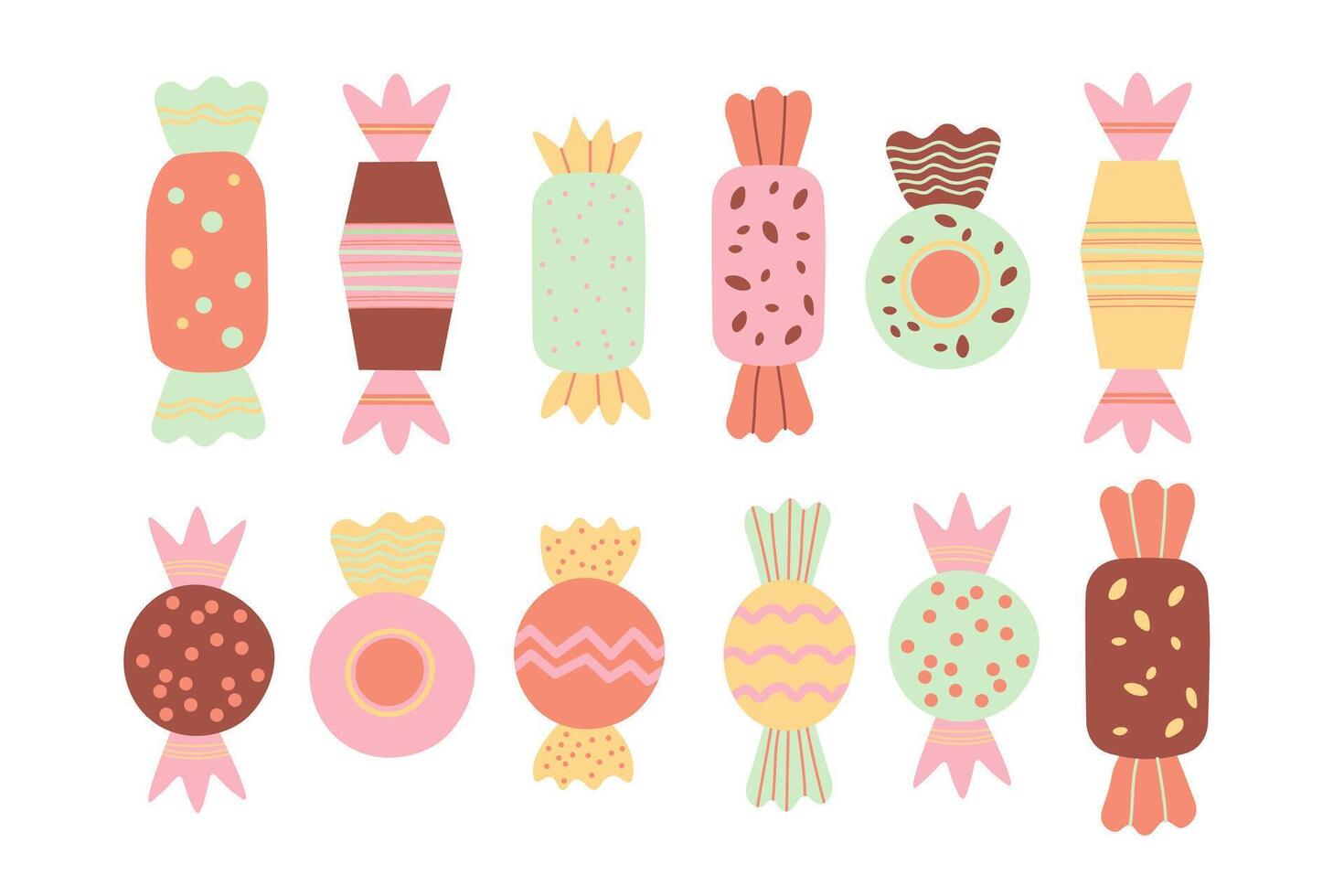 Candy on isolated background. Hand drawn coloured doodle with different candies, sweet and chocolate treats, dessert. Design for October 18 is World Candy Day. Food illustration for flyer, card vector