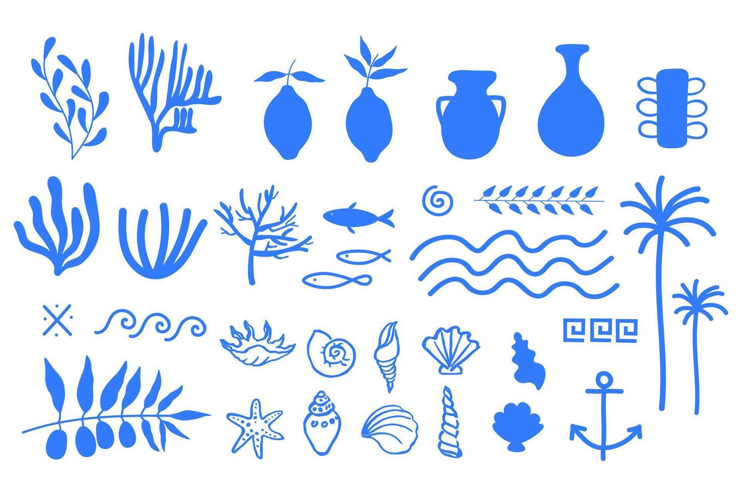 Mediterranean ornamental set with ceramics, seaweed, shells, palm trees, fish, olive branch, lemons, ornament. Illustration with sea motif for design, template, card, sign, logo, print, paper vector