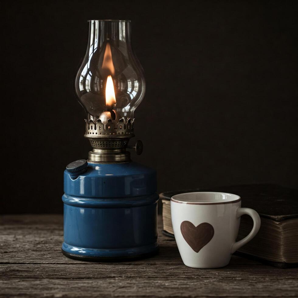 Cozy Evening Still Life with Kerosene Lamp, Mug, and Book photo