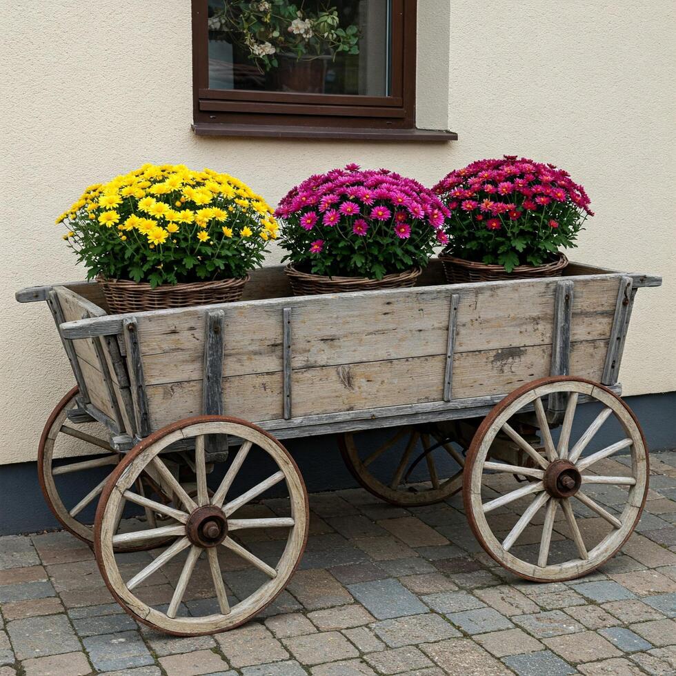 Rustic Wagon Planter with Colorful Chrysanthemums photo