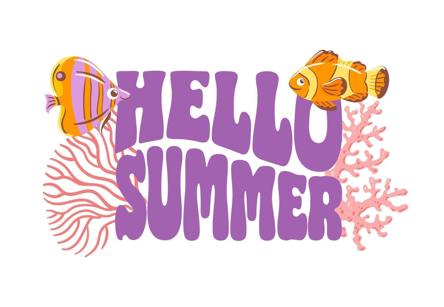 A vibrant illustration featuring colorful coral reefs and lively fish, accompanied by groovy lettering that captures the essence of summer. This design embodies the joy of ocean life and vector