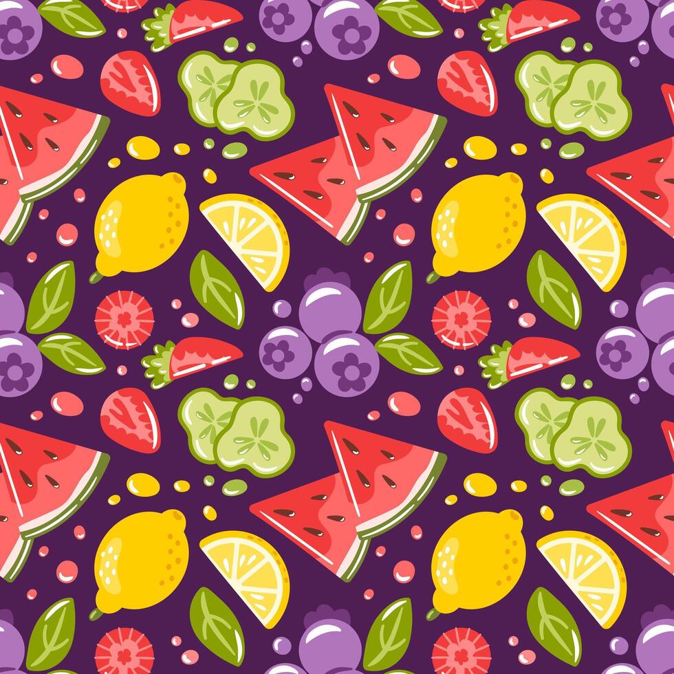 This vibrant illustration showcases a delightful assortment of colorful fruits, including watermelon, lemon, lime, and grapefruit. The playful and refreshing pattern brings a lively summer vibe vector