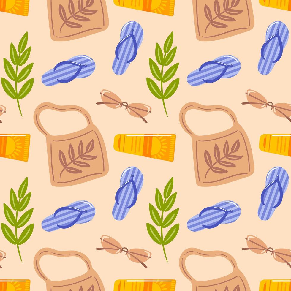 This seamless pattern features trendy fabric shoppers alongside stylish sunglasses, flip-flops, sunscreen, and sandy textures, capturing the essence of sunny beach days and summer fun in a vibrant vector