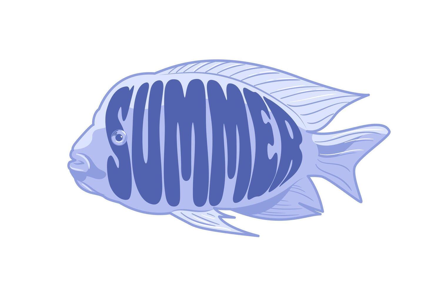 illustration of a stylized fish with the word summer integrated into its body, using a blue color scheme with white accents. For banners, stickers, design elements vector