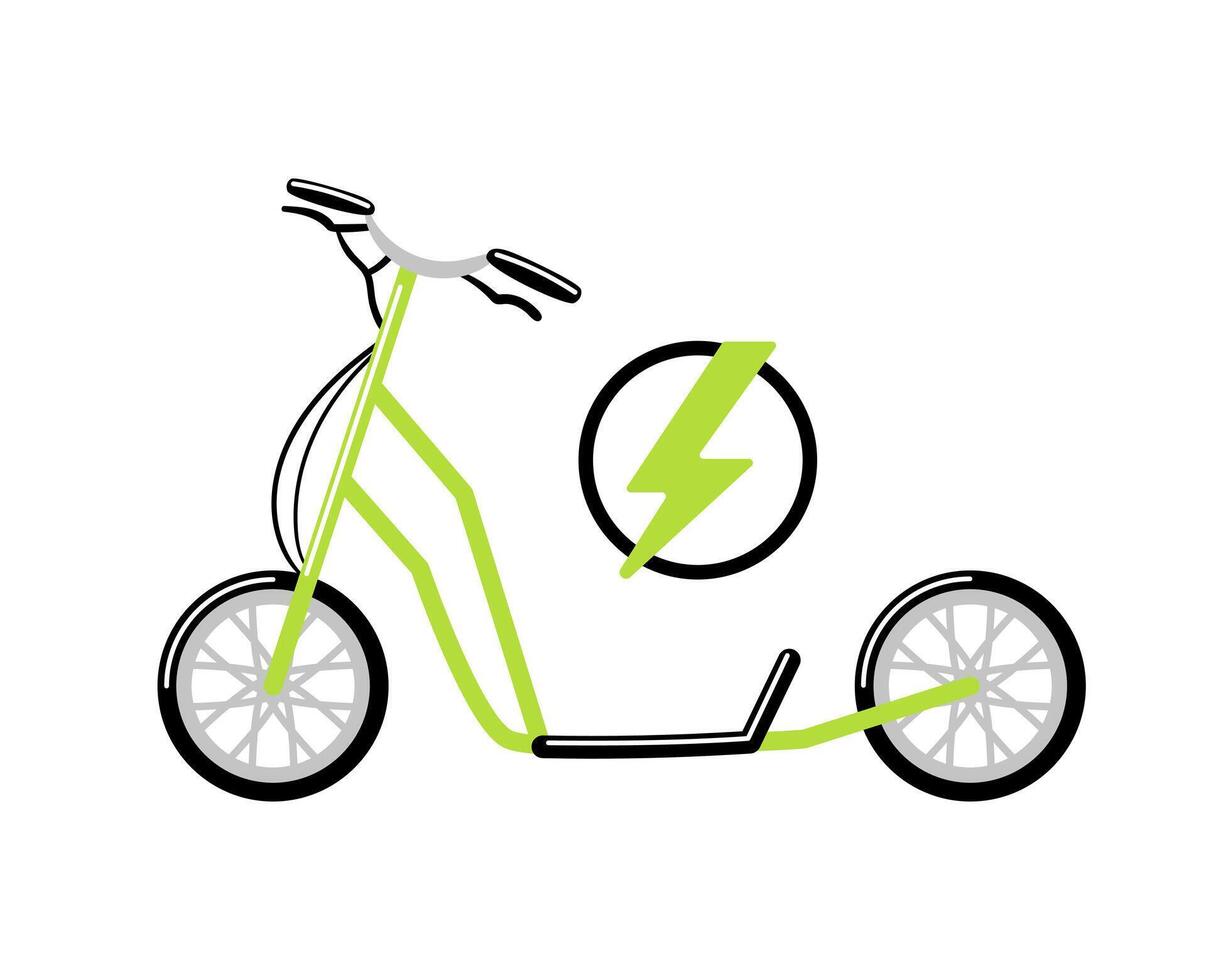 illustration showcases a green electric scooter adorned with a lightning bolt symbol, symbolizing eco-friendly transportation. emphasizes sustainability and modern urban mobility vector