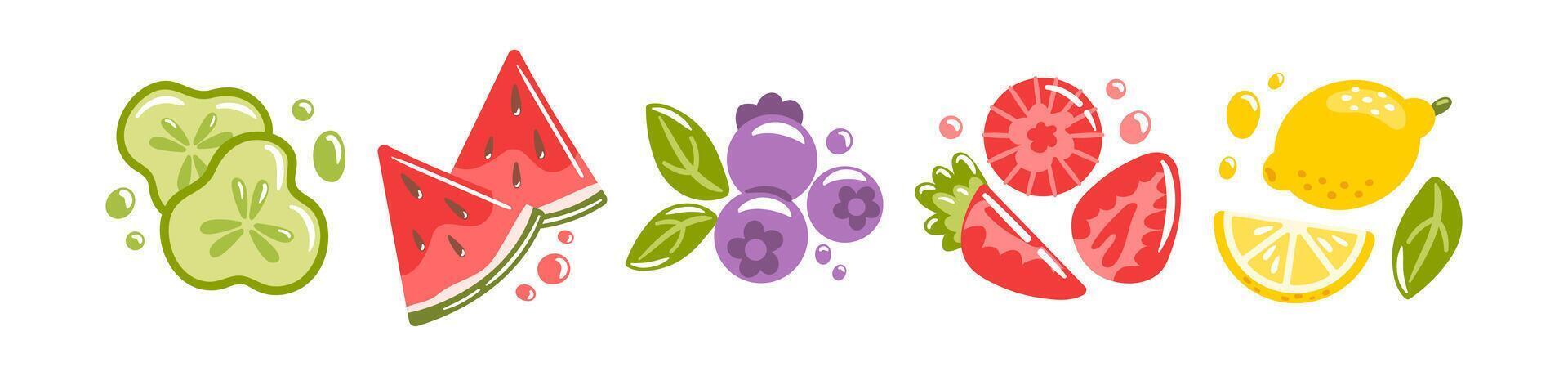 illustration featuring sliced watermelon, grapes, pomegranate, and lemon, all adorned with refreshing bubbles. This design captures the essence of summer, for any refreshing beverage project. vector