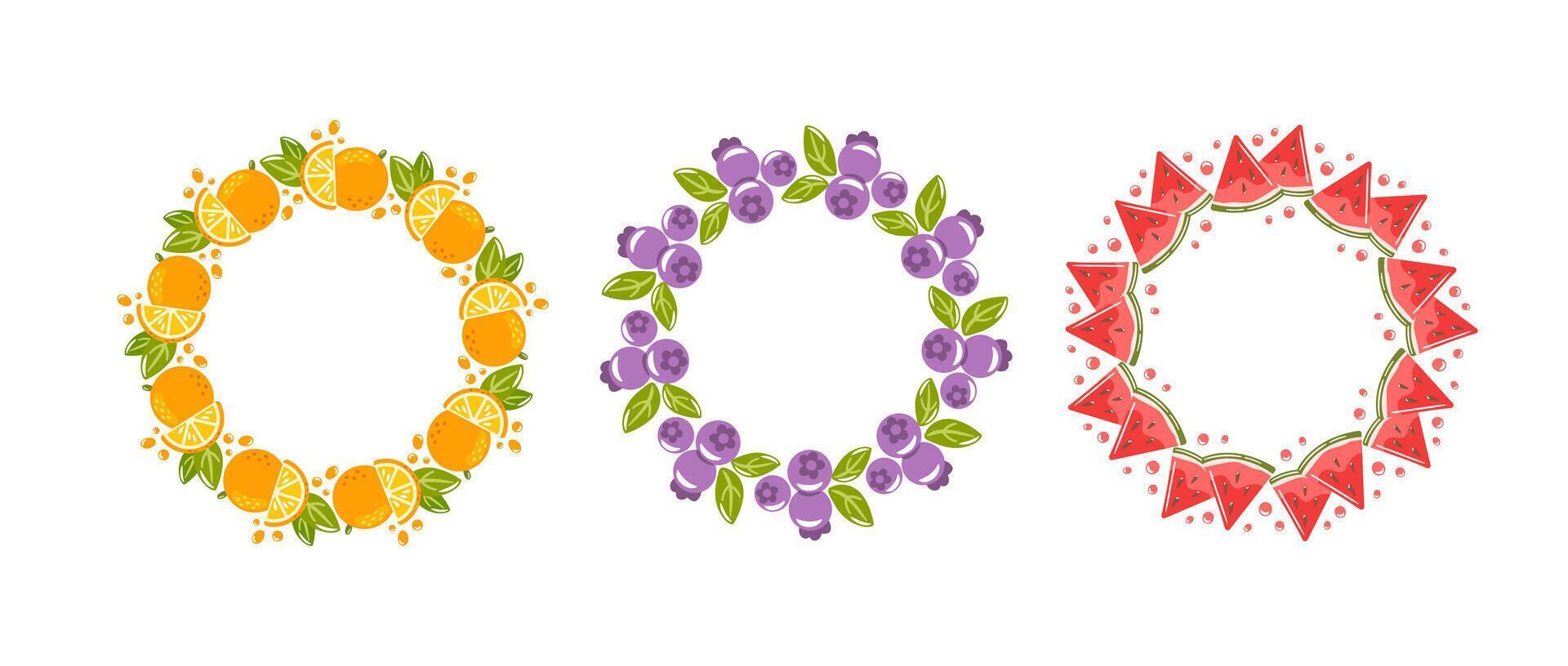 Three round frames creatively designed with vibrant oranges, juicy blueberries, and fresh watermelon slices. This colorful composition adds a playful and refreshing touch, perfect for summer-themed vector