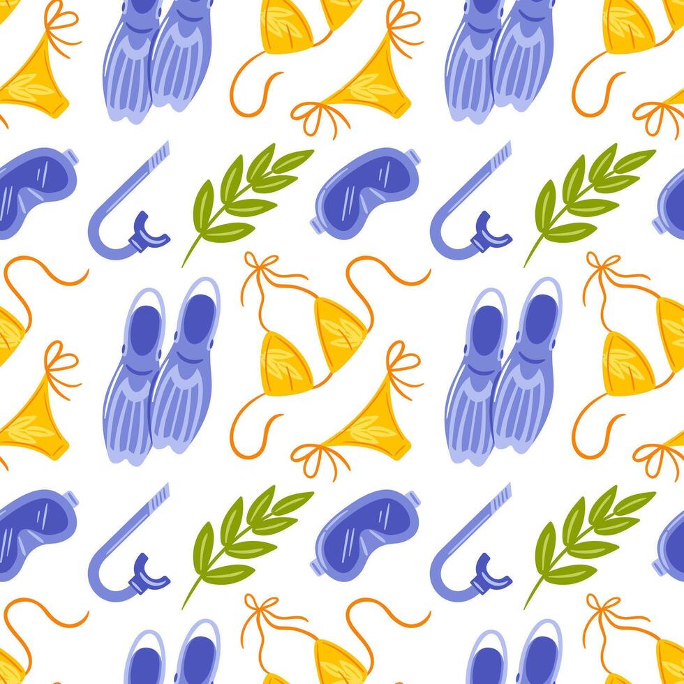 This seamless pattern showcases a fun array of colorful bikinis, snorkels, fins, and masks, perfect for summer vibes. Its playful design captures the essence of beach adventures and aquatic enjoyment. vector