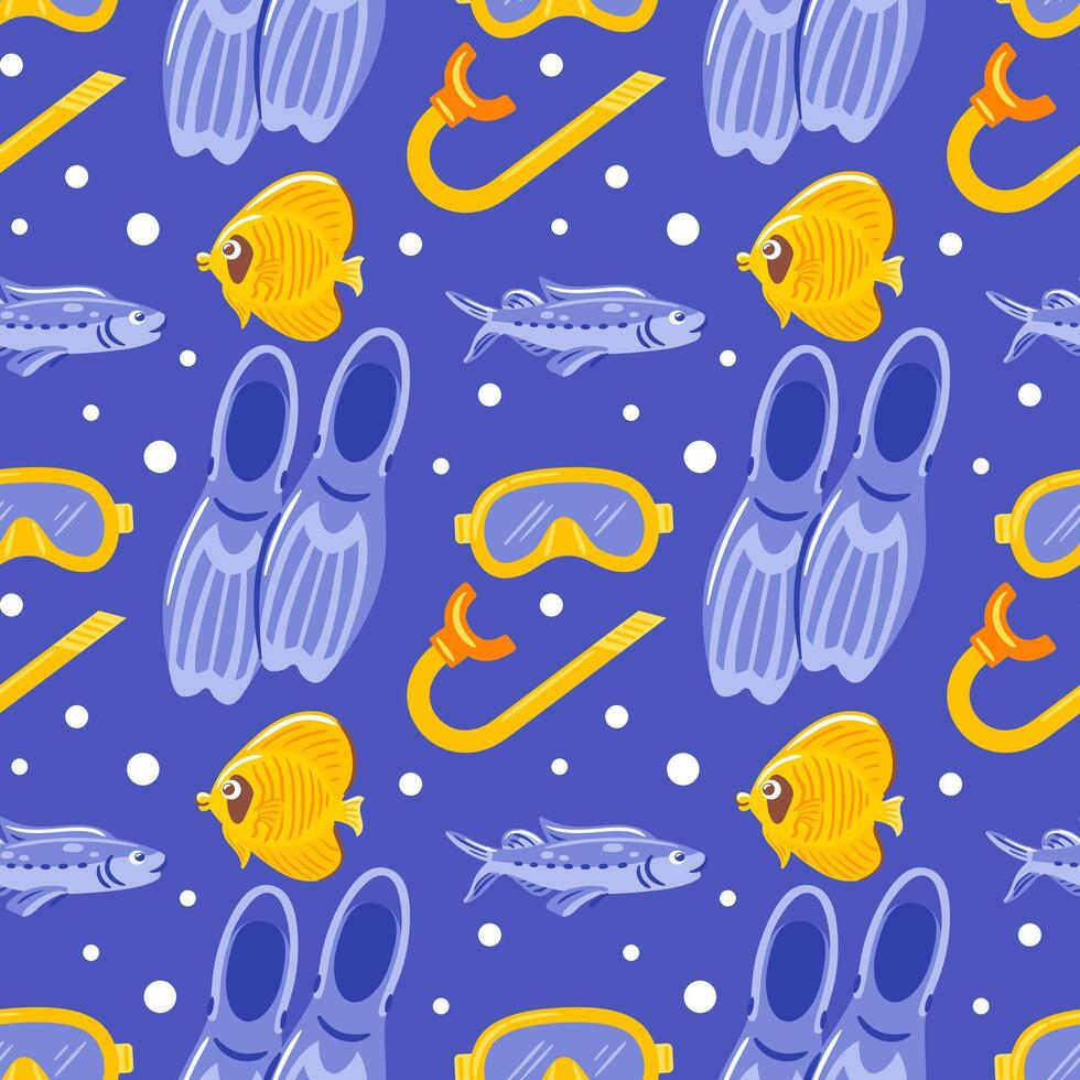 This seamless pattern features vibrant tropical fish alongside snorkels, fins, and masks, evoking a lively underwater world. Perfect for summer designs, it captures the spirit of marine adventure and vector