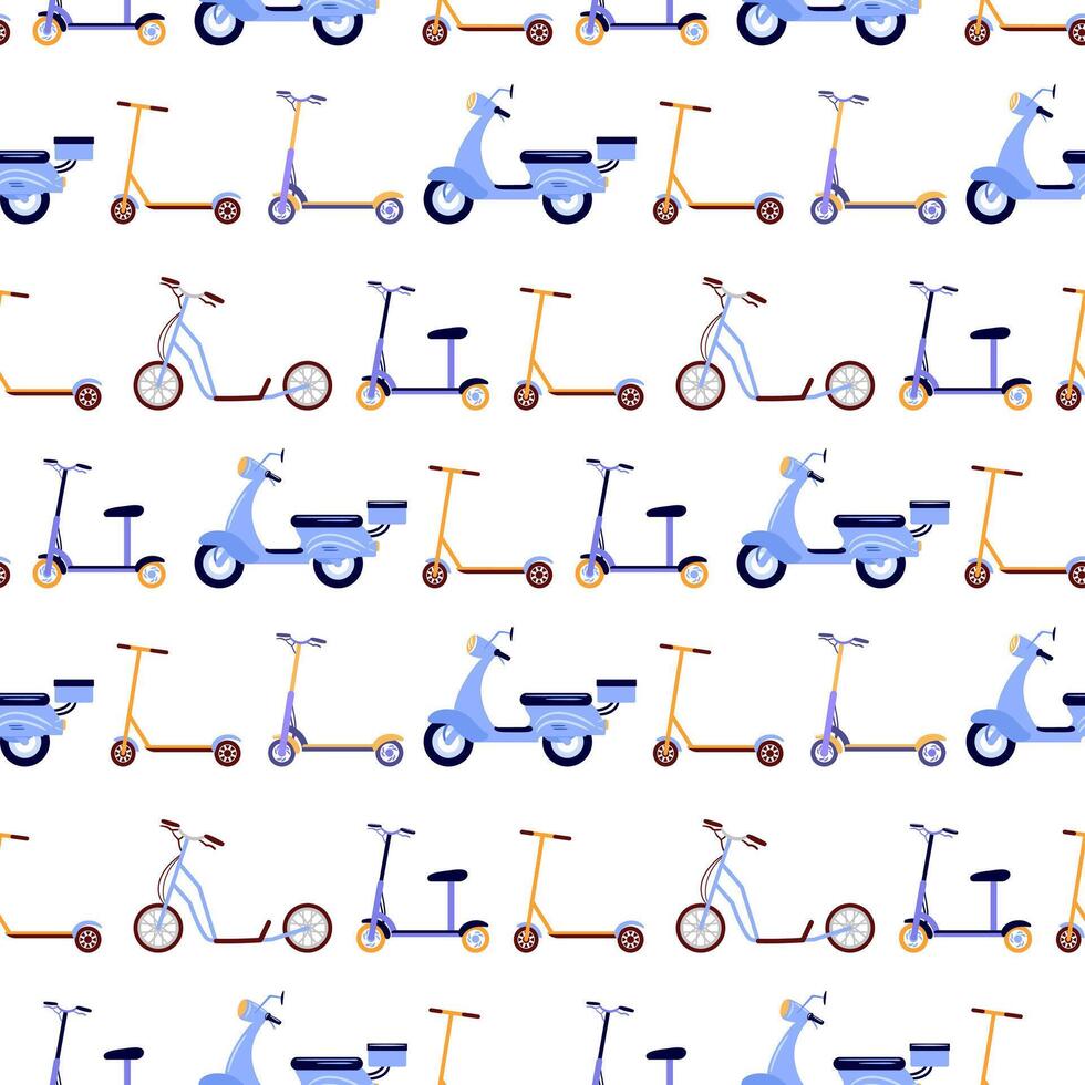 A seamless pattern featuring various electric scooters, each designed with vibrant colors and unique details. This illustration captures the essence of modern urban mobility and eco-friendly vector