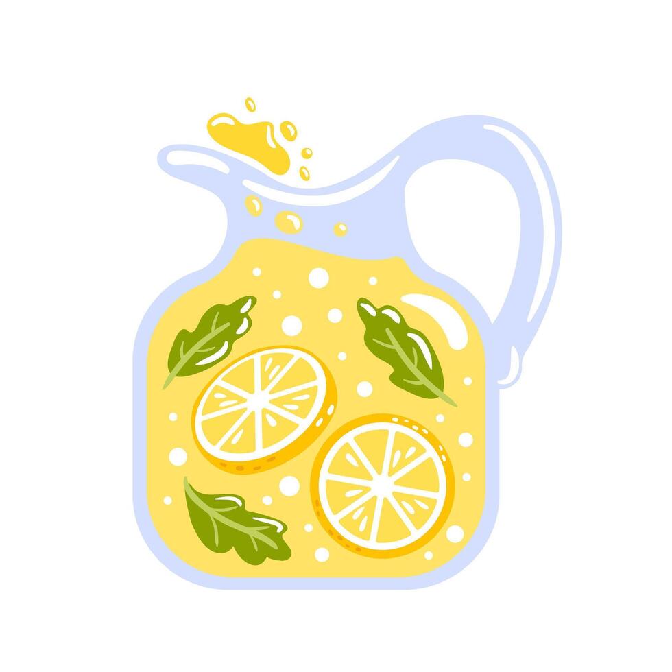 illustration Refreshing lemonade in a glass pitcher, garnished with lemon slices, mint leaves. Perfect for a hot summer day. vector