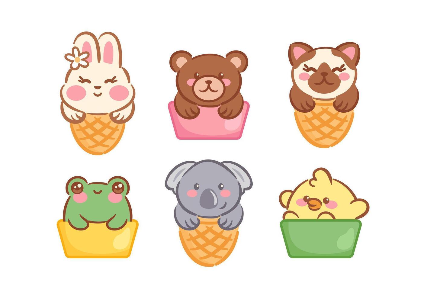 Set charming illustration features cute kawaii animals in vibrant ice cream cones, including a bunny, bear, kitten, frog, koala, and chick, each showcasing unique expressions and colors for a vector