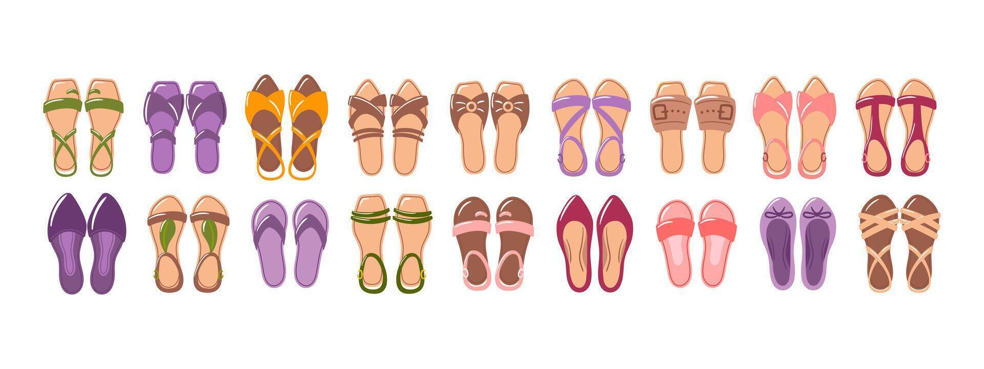 This illustration showcases a diverse collection of sandals featuring a variety of colors and designs, perfect for summer fashion. The playful styles highlight comfort and unique artistry for vector