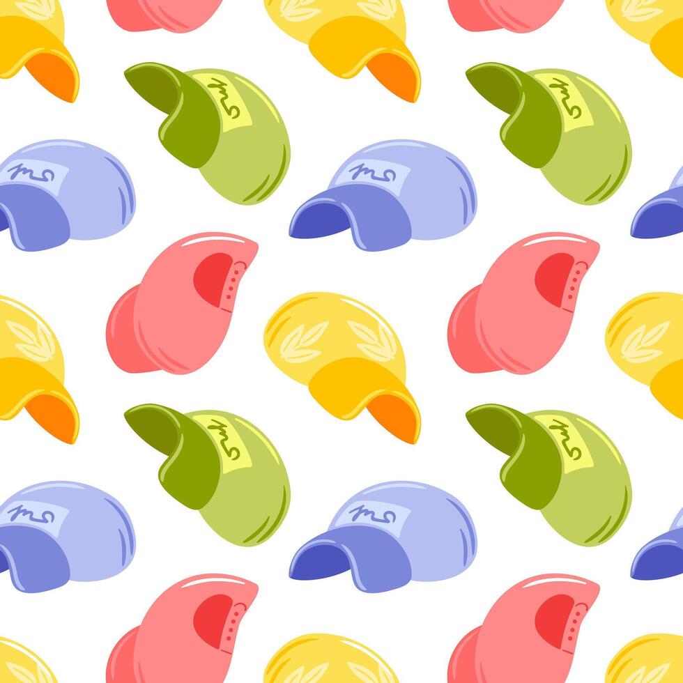 This illustration showcases a playful pattern featuring various stylish caps. The diverse designs and colors create a vibrant and trendy aesthetic, making it perfect for fashion lovers and vector