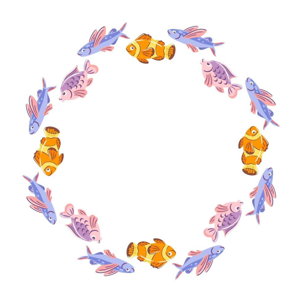 illustration featuring a circular frame filled with graceful flying fish and charming clownfish. The design combines vibrant colors and playful details, evoking a sense of ocean wonder. vector