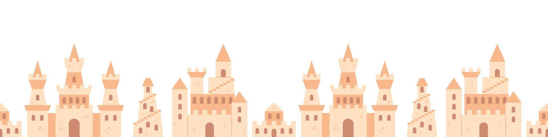 A seamless border design featuring charming sandcastles. This playful pattern evokes a sense of summer joy and is perfect for beach-themed projects. vector