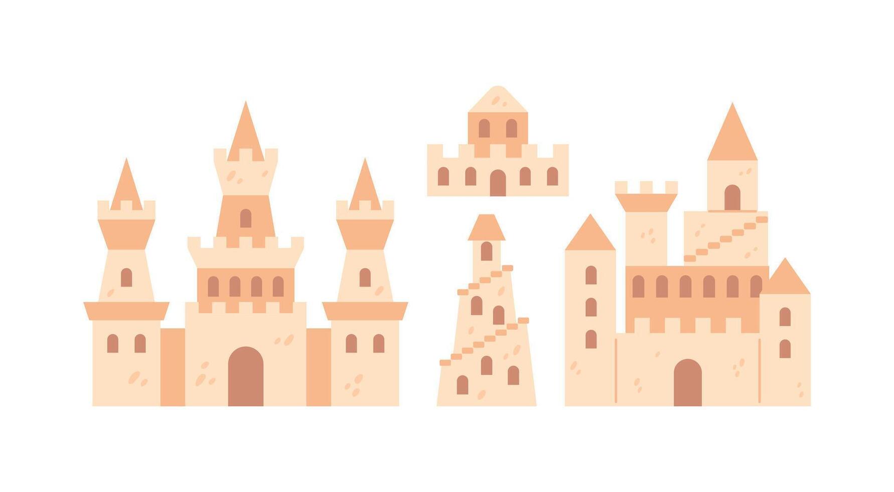 A whimsical illustration of a collection of sandcastles complete with intricate designs. This playful set captures the essence of summer fun and creativity at the beach. vector