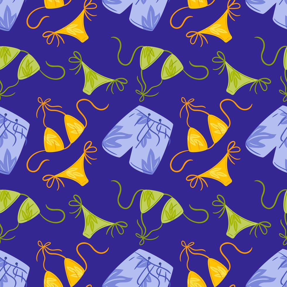A seamless pattern design featuring vibrant swim shorts and bikini illustrations, showcasing playful tropical elements like palm leaves, seashells, and cheerful colors to evoke a summer beach vibe. vector