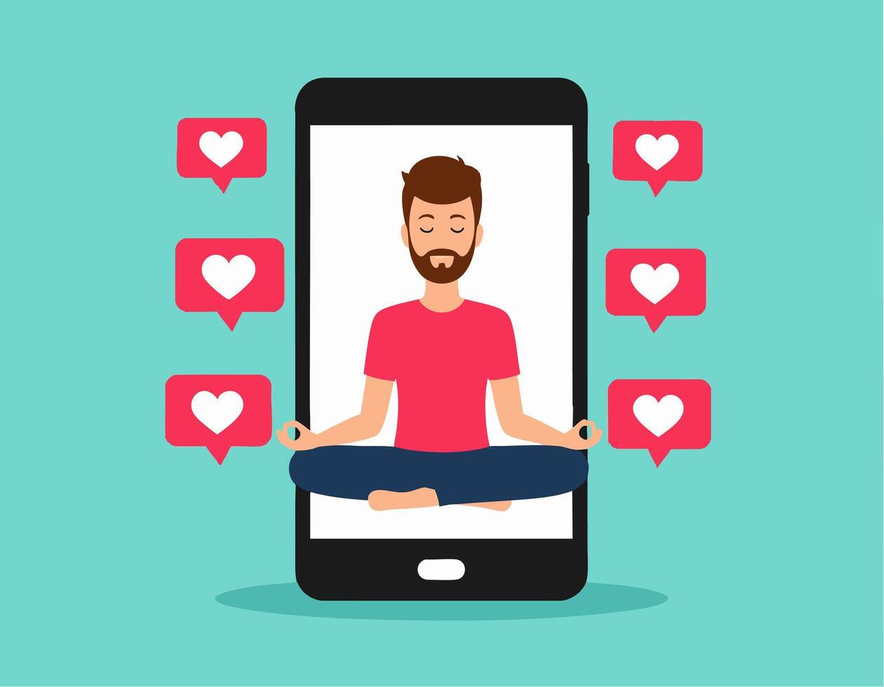 Man meditating on phone with heart icons vector