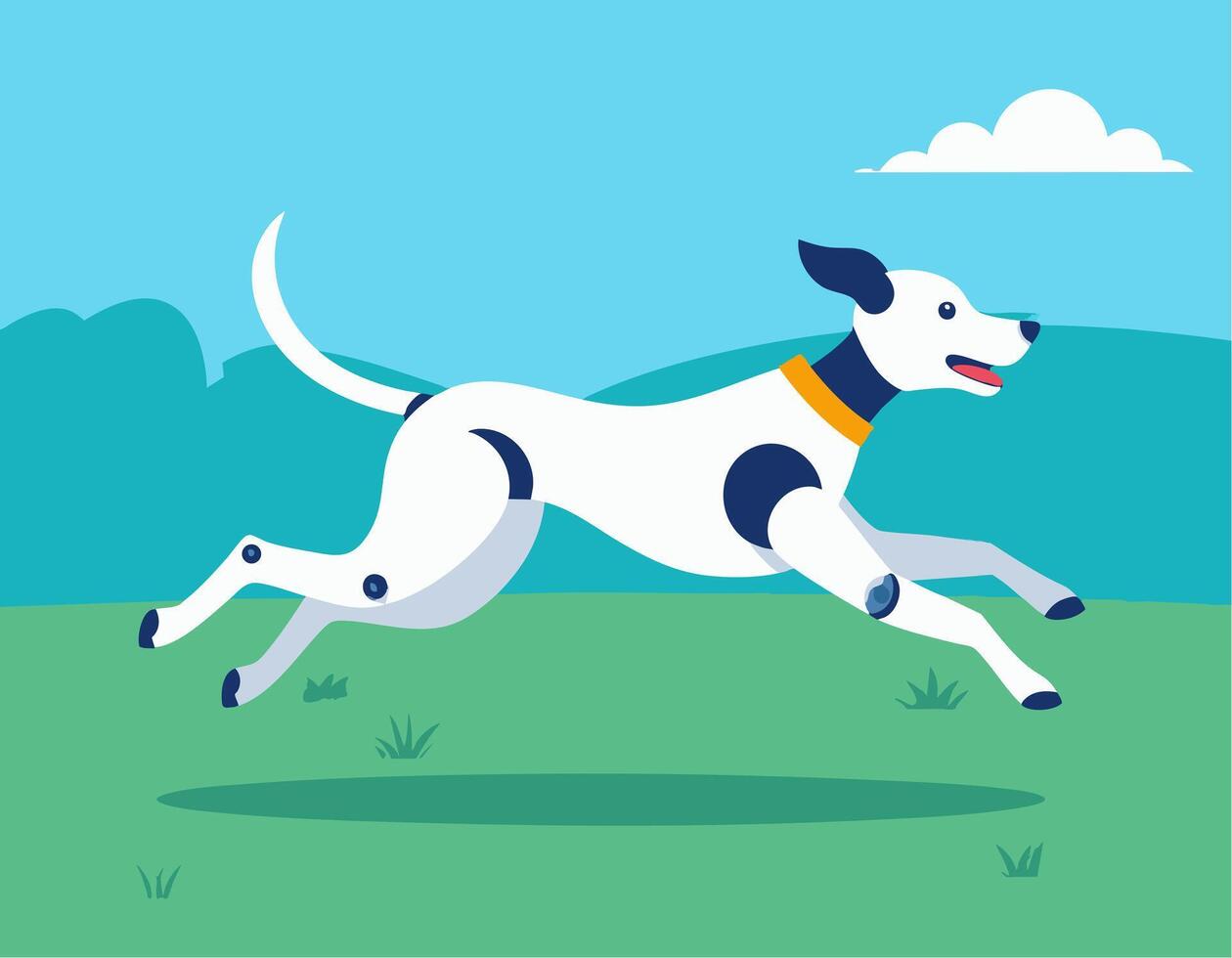 A dog running in the grass with a blue sky vector