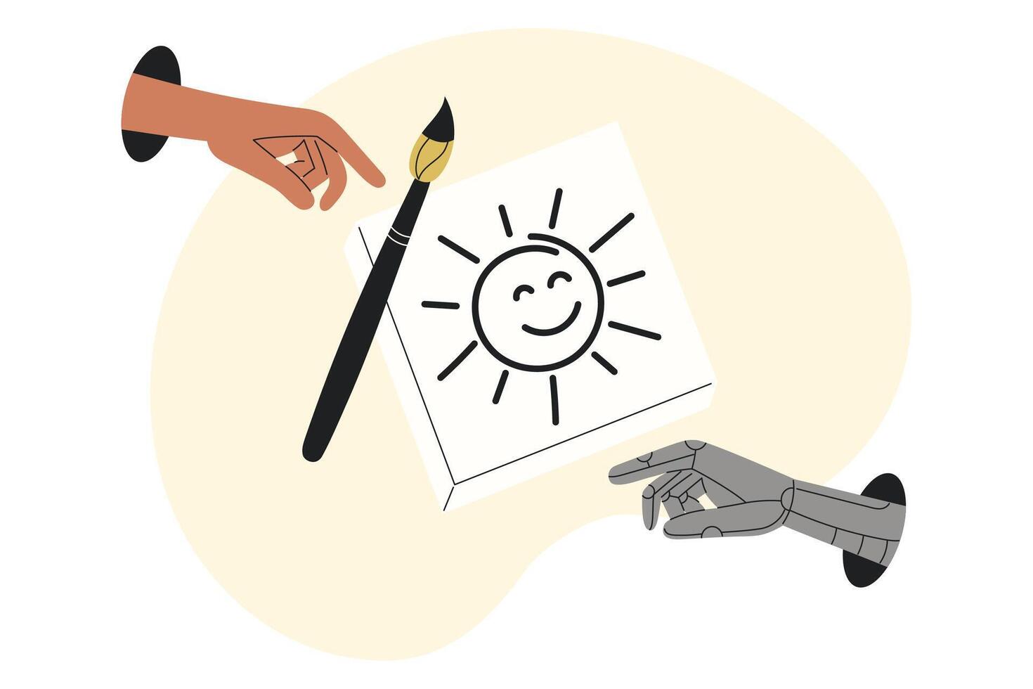 Human hand and AI robotic hand reaching for art and creativity. Concept of artificial intelligence and human expression in flat style. vector