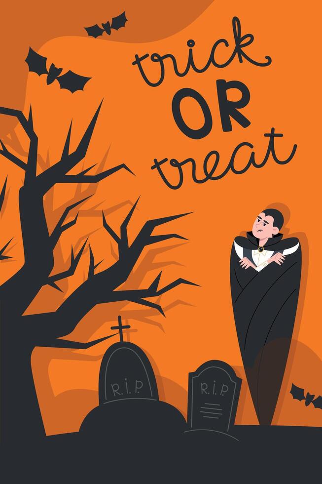 Trick or Treat Poster with Vampire, Graveyard, Tombstones, Bats, and Bare Tree at Night vector