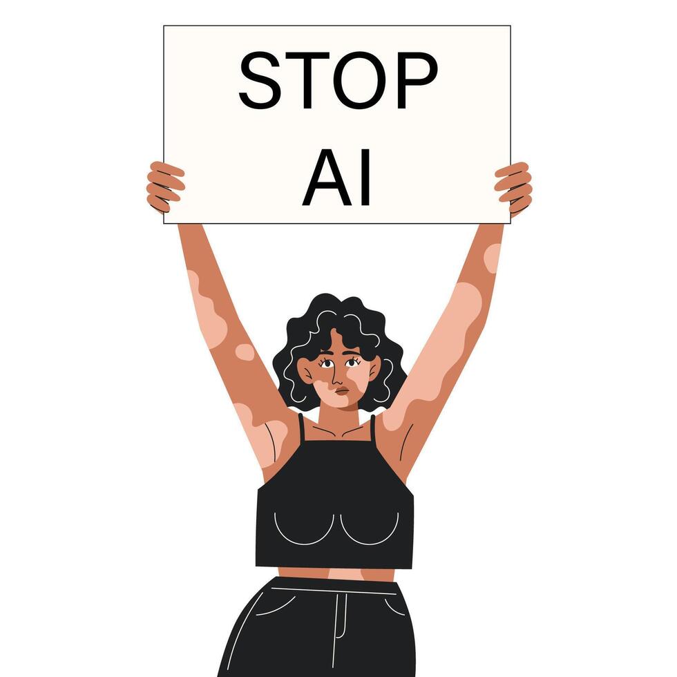 Young African Woman with Vitiligo Protesting Against Artificial Intelligence and Holding a Sign, Flat Style Illustration vector