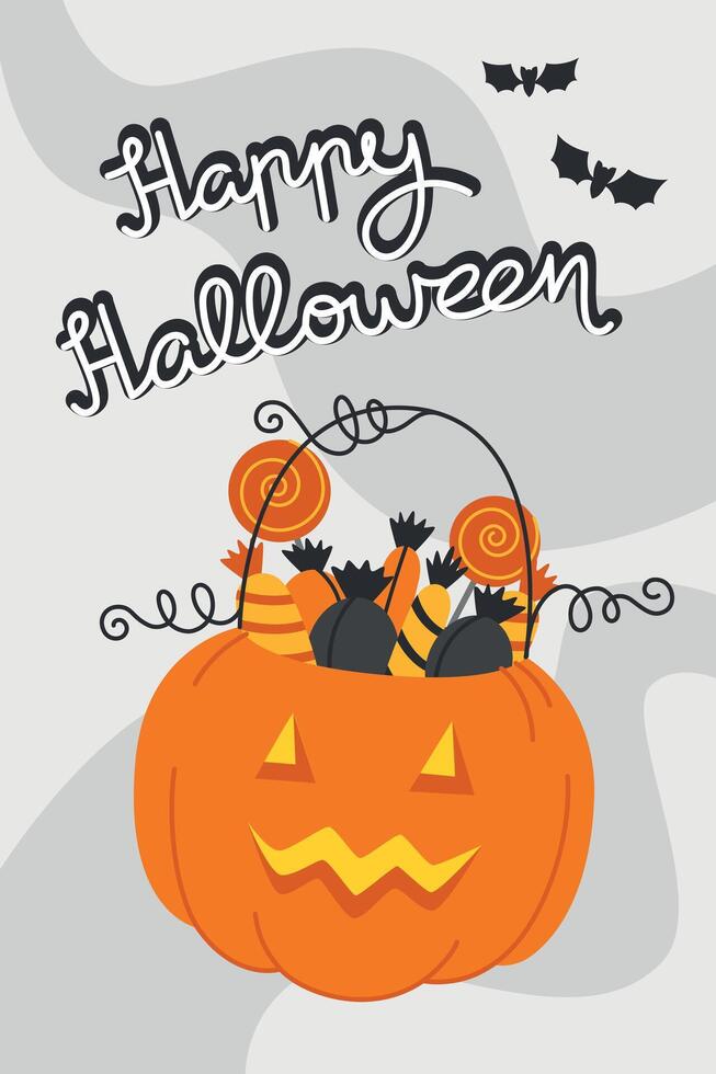 A flat style Halloween poster featuring a pumpkin shaped like a candy basket. Happy Halloween. Perfect for a Halloween party invitation vector