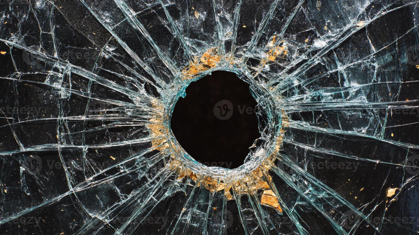 Cracked and Shattered Glass with a Distinct Hole on Black Background photo