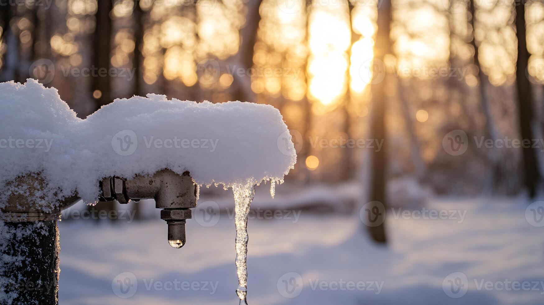 Winter Wonderland Featuring a Snow-Covered Outdoor Faucet Dripping Water photo