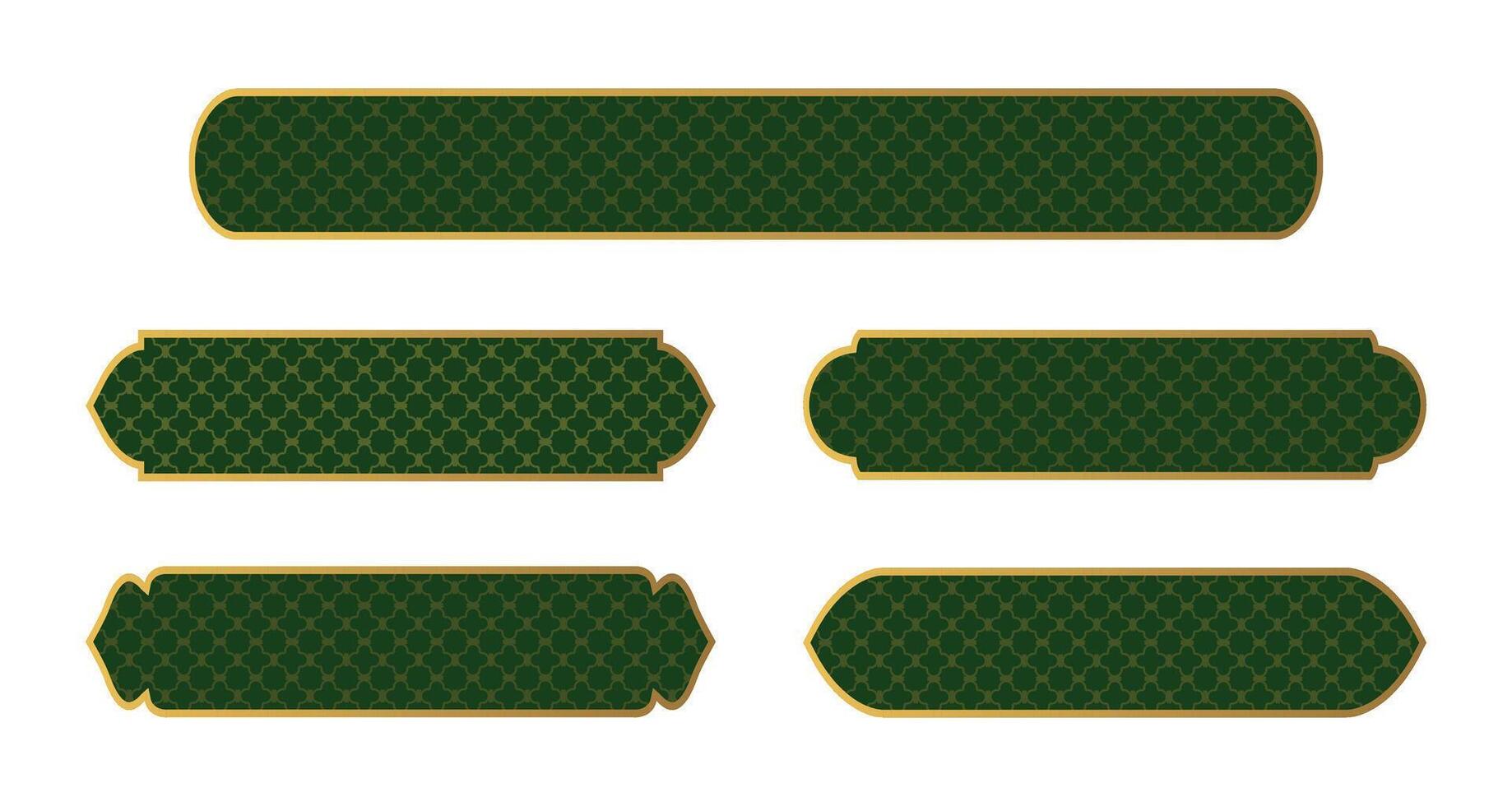 Collection luxury golden arabic islamic text boxs title frame border set with ornamental illustration. Islamic window, arche. Golden green web button. Luxury islamic label. Infographic design element. vector